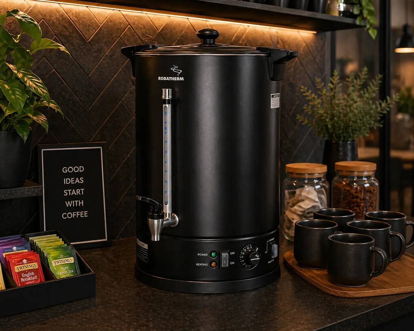 ROBATHERM BLACK HOT WATER URN, APPROX. 20 LITRE