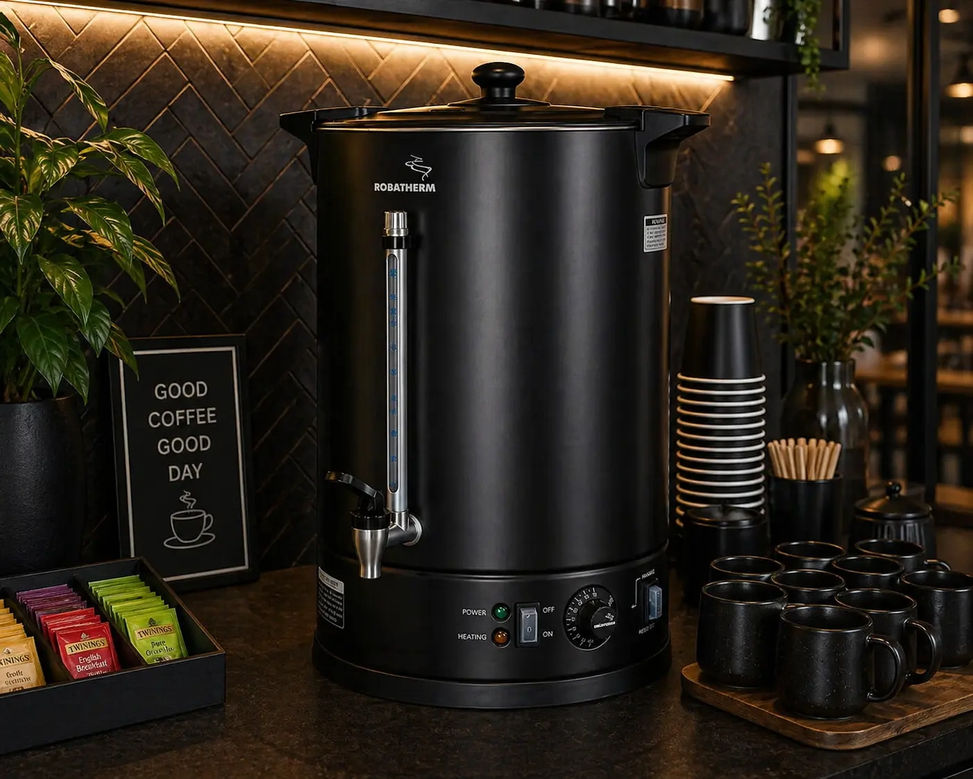 ROBATHERM BLACK HOT WATER URN, APPROX. 30 LITRE