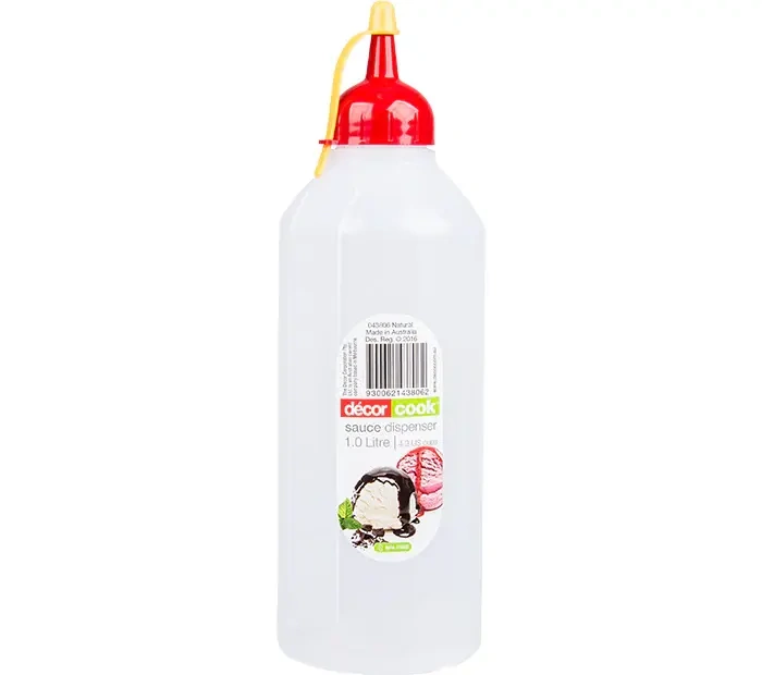 DECOR GRADUATED SAUCE DISPENSER CLEAR W/ RED LID 1 LITRE 
