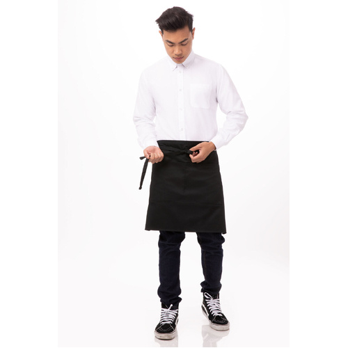 CHEF WORKS HALF BISTRO APRON BLACK, WITH POCKET 